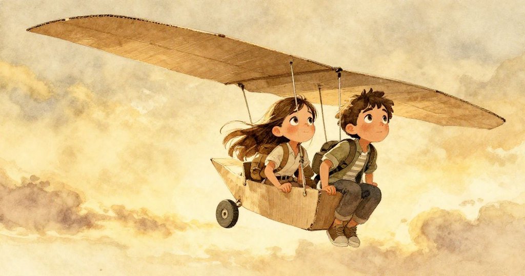 Lucas與Mira驚喜凝視紙滑翔機螺旋上升,夕陽金光輕灑天際,場面夢幻且充滿希望。