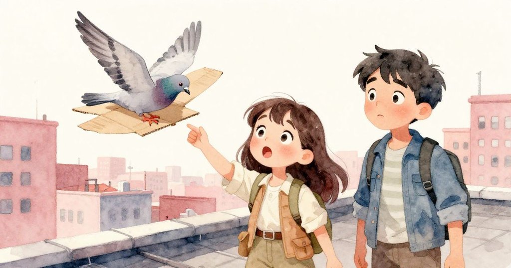 鴿子掠過衝撞紙滑翔機,Mira與Lucas驚慌反應,屋頂與夕陽背景增添緊張氛圍,場面動感十足。