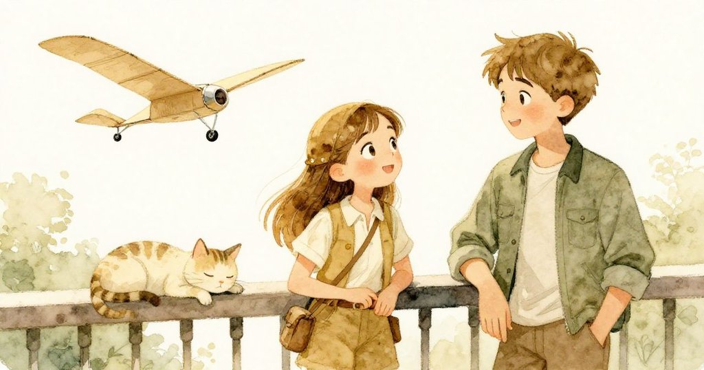 紙滑翔機靜臥陽台鐵欄杆上,睡著的貓伴隨著Mira與Lucas溫馨對望,畫面充滿成就與平靜。