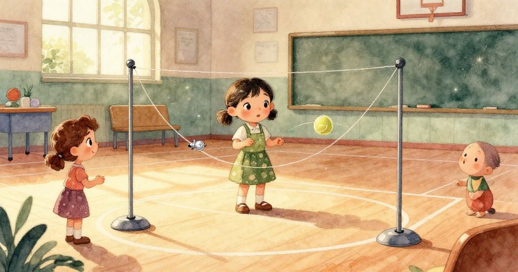 Mia的手特寫握住貼有銀色太空船的小網球，細膩展現實驗物件的質感與專注神情。