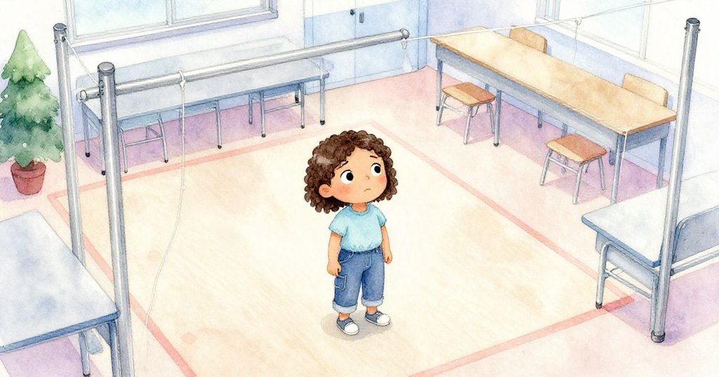 從高處俯瞰，Mia發現弦線因風吹下垂，眼中流露出擔憂，室內環境細節豐富。