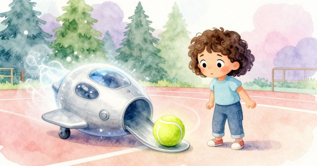 Mia注視著網球滑落與太空船滾動，畫面透出朦朧透明感，室內環境呈夢幻氣息。