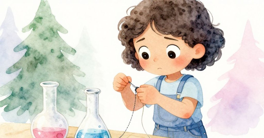 Mia神情專注緊急修紮項目，特寫展現堅定眼神與快速綁定漁線的動作，環境氛圍溫柔。