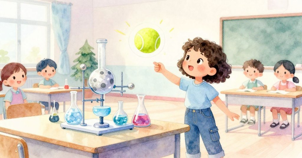 Mia滿足微笑，看著網球完美運行，科學展品成功重組，室內背景充滿溫柔光彩與團聚喜悅。