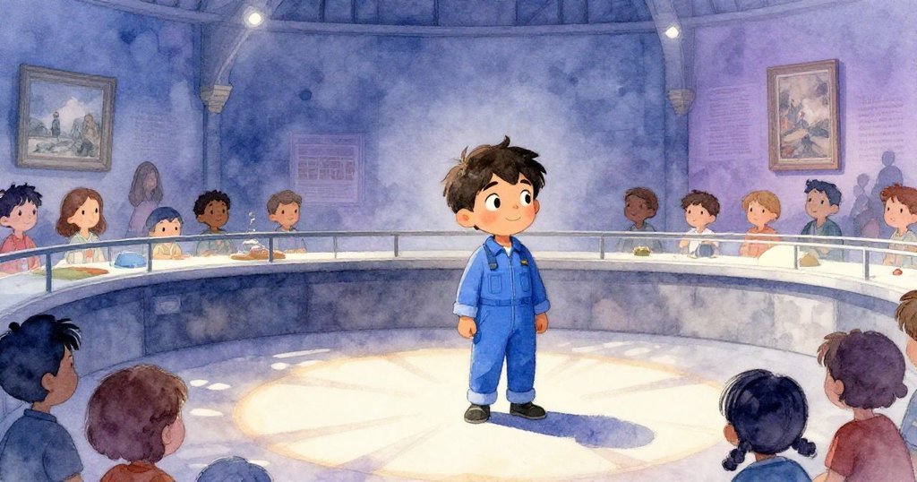 諾亞在博物館模型發射台前調整藍色太空服領口,背景燈光昏暗,觀眾靜候,充滿神秘期待與平靜氛圍。