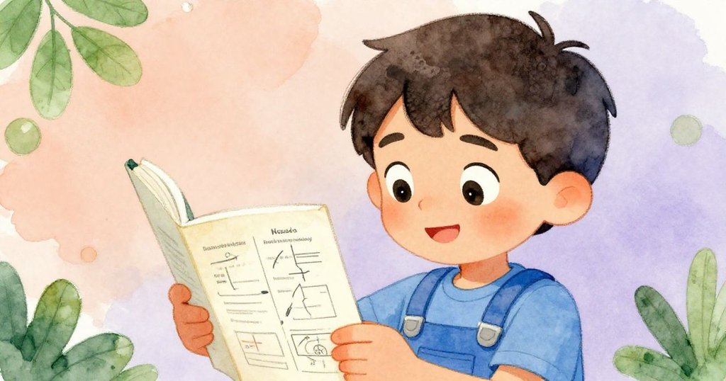 諾亞專注閱讀厚重操作手冊,臉上流露出興奮與決心,背景溫暖柔和,展現準備階段的努力與細節。