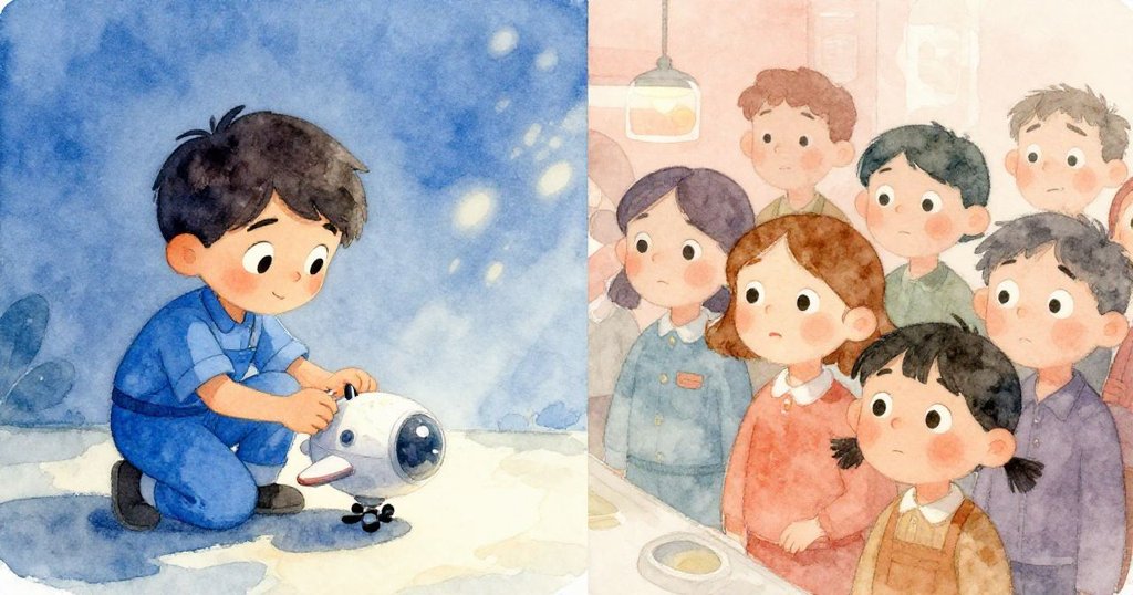 諾亞蹲下修理失衡的模型飛船鼻錐,畫面分割展示觀眾憂慮目光,既緊張又充滿期待,細節豐富。