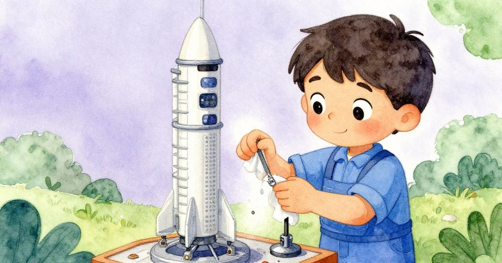 諾亞迅速擦拭塵埃並按壓夾具,專注調整模型飛船,展現細膩機械細節與博物館過渡瞬間的緊張氣氛。