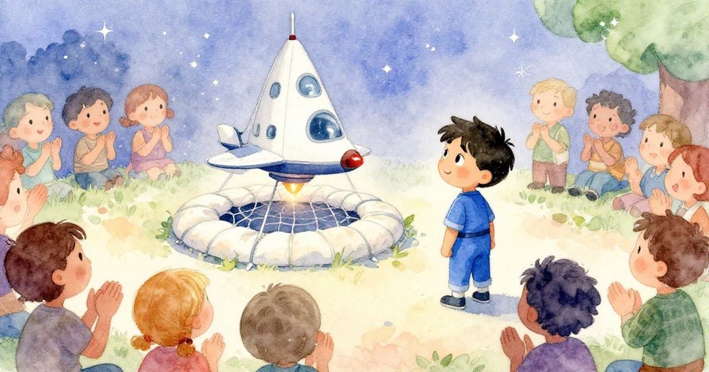 諾亞放鬆微笑看著模型飛船平穩降落於防護網中,燈光柔和,全場掌聲迴盪,亮粉散落,呼應冒險圓滿結局。