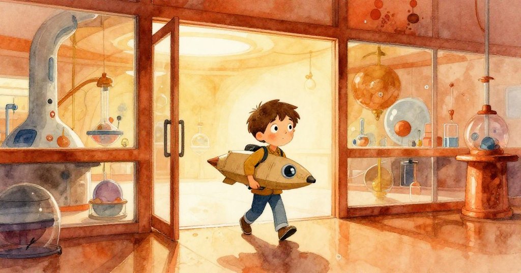 加雷斯帶著紙板太空船穿過明亮玻璃大門,進入充滿現代感的科學廳,臉上既好奇又期待。