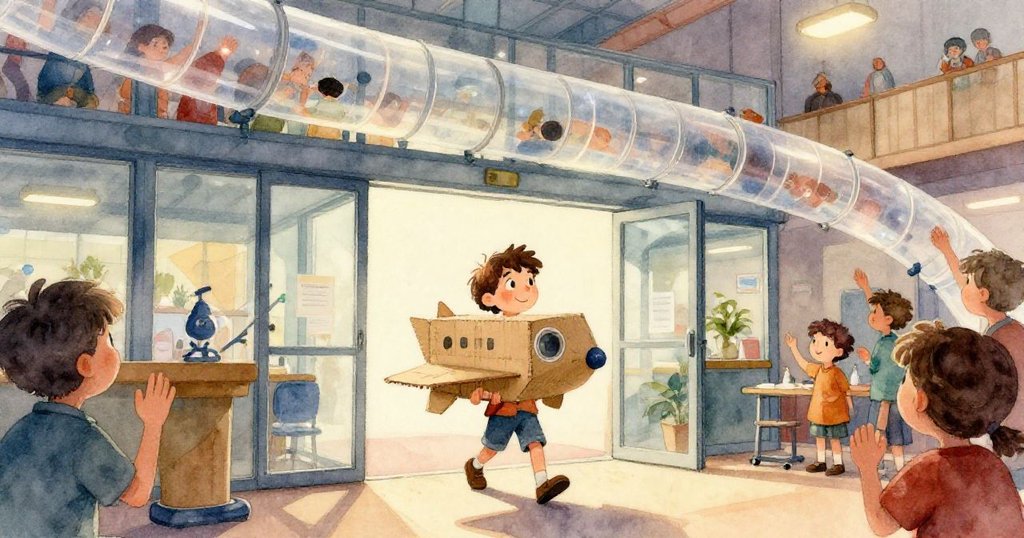 從加雷斯背後望去,看到科學廳中孩子們熱情互動、志工忙碌和技術員調整控制面板,充滿生機的現代空間。