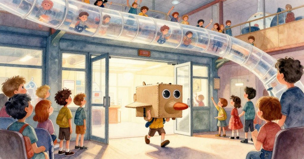 風洞突然變得混亂,紙張、塑料杯和紙板太空船迅速飄動,動感強烈,整個空間充滿驚喜與活力。