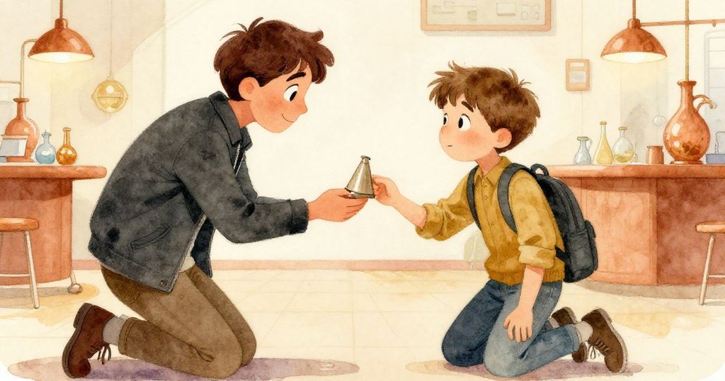 陌生人蹲下拾起脫落的鼻錐,靜靜交給加雷斯,兩人臉上流露出安心與感激,科學廳背景溫暖寧靜。