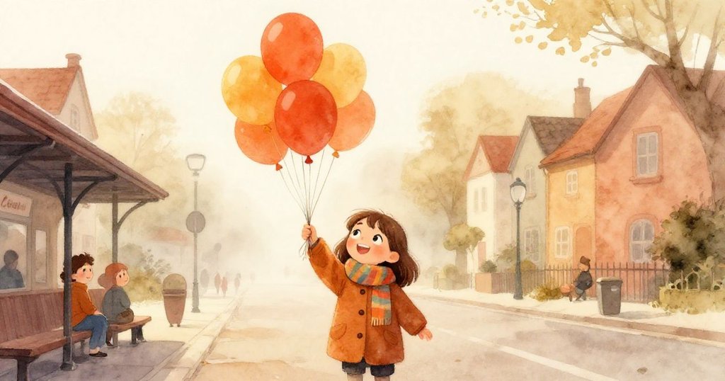 莉娜在晨霧中急速穿越車站石地板，手中握著氣球，神情專注而期待，展現出出發的活力與情感。