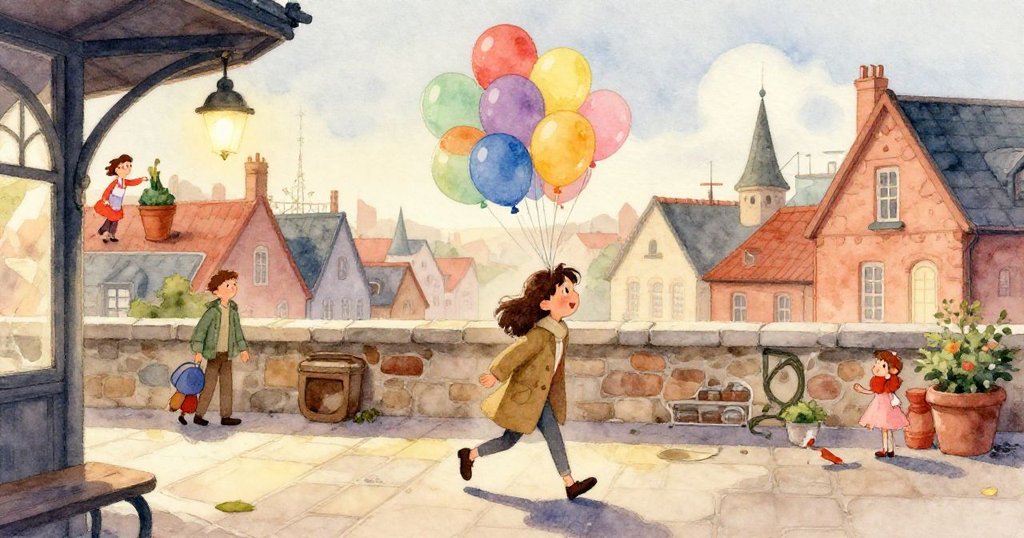 莉娜溫柔的手握著閃亮氣球，細節豐富的緞帶隨風飄舞，呈現出旅程中重要物品的精緻動態。