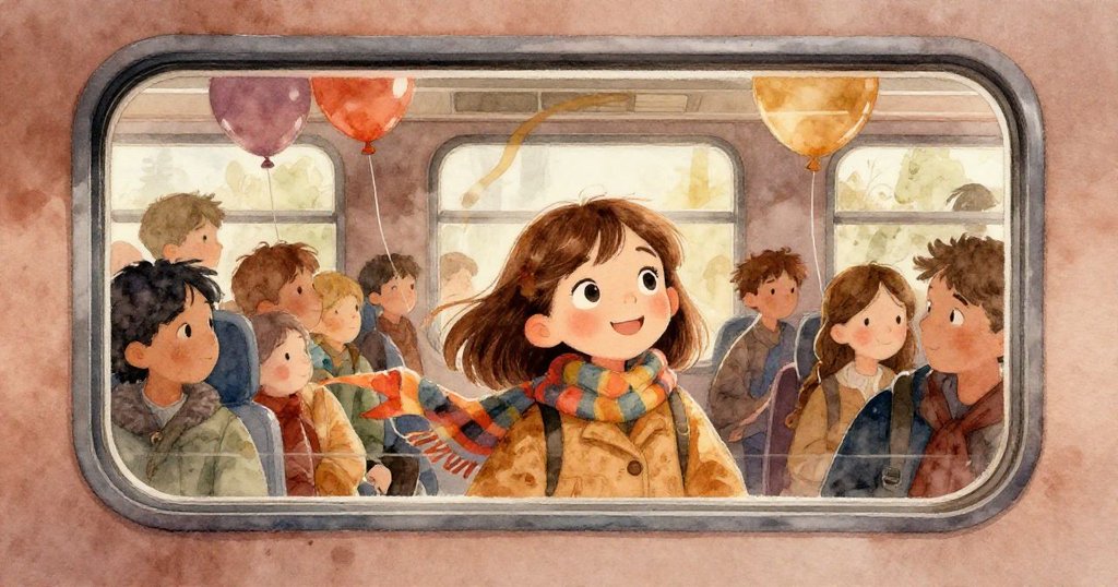 莉娜踏入擁擠的火車，透過窗戶呈現內外景交織，蒸氣與氣球緞帶輕輕觸碰乘客，情景溫馨而生動。