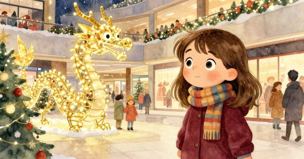 莉娜站在節日購物中心前，面對小燈飾龍像，周圍遊客與節日裝飾交織，情境兼具古典與現代韻味。