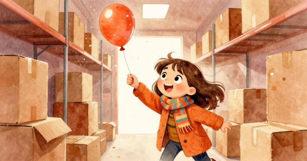 莉娜在狹窄服務通道急速穿行，轉角處氣球破裂釋放閃爍亮粉，她神情驚訝地與環境互動，情節緊湊生動。