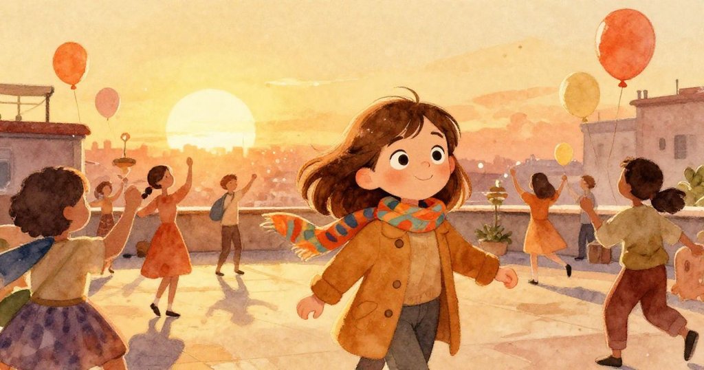 莉娜在夕陽下登上屋頂舞台，與舞者共舞，剩餘氣球隨風飄逸，亮粉飄散彰顯慶祝時刻的歡樂與溫暖。