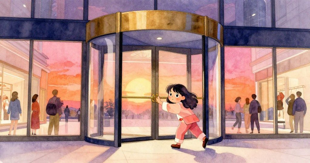 莉拉推動旋轉門進入購物中心，背景玻璃反射光影，人群穿梭，表情期待中帶點緊張