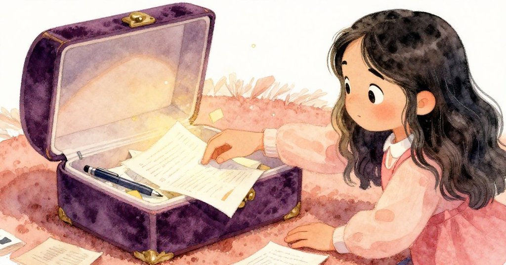 莉拉在購物中心意外掉落物品，專注撿拾散落票據與天鵝絨盒，盒內貝殼耳環隱約閃爍，表情溫柔驚訝