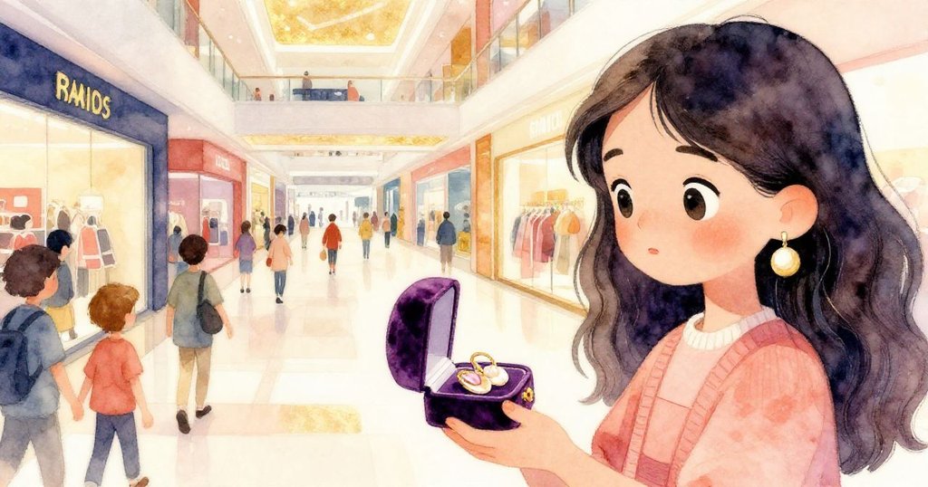 莉拉彎腰拾起打開的天鵝絨盒，盒中閃現貝殼耳環記憶，旁邊走廊繁忙，現實與回憶交織