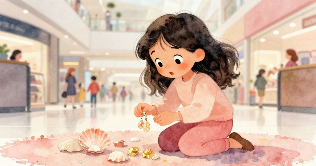 莉拉蹲下來撿拾散落物品，溫柔驚喜中發現閃亮貝殼耳環，地毯上票據與筆散落，氛圍溫馨