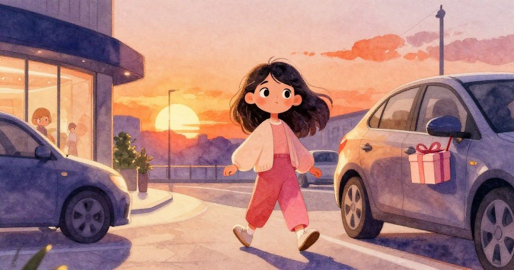 莉拉走出購物中心，夕陽斜照車窗上光線柔和，車內緞帶盒靜謐訴說過去，表情意味深長迎向新開始