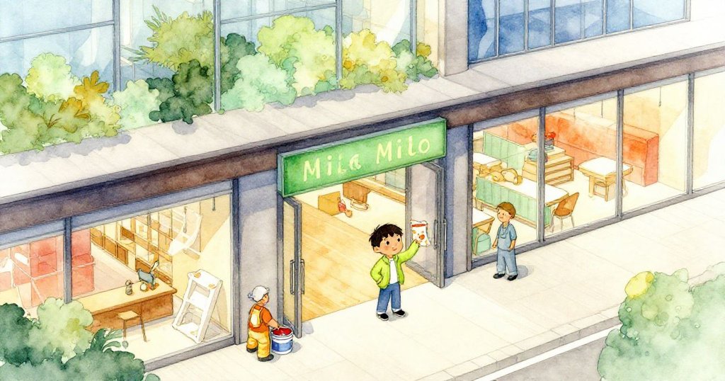 Milo穿亮外套進入部分裝修、掛綠橫幅百貨公司, 紙包隱藏口袋, 周圍有漆桶工人與灰塵布, 表情期待。