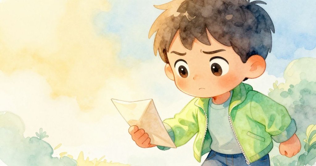 Milo專注眼神凝視前方, 手握摺紙包, 表情堅定充滿希望, 燈光溫暖且背景模糊呈百貨內景。