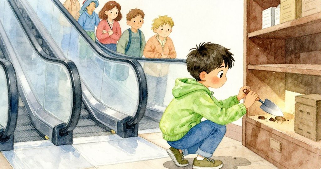 Milo蹲身於扶梯旁角落細找, 電扶梯停止購物者稍顯憂慮, 他發現閃光之小鐵鏟, 表情驚喜且謹慎。