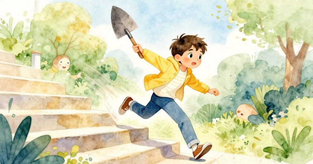 Milo持鏟子急步爬樓梯, 動作矯健充滿朝氣, 商場背景明亮繁忙, 表情充滿追夢決心。