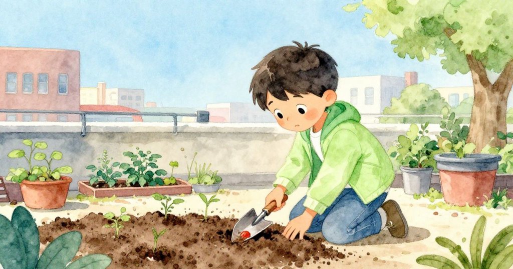 Milo在露天屋頂園地種植番茄, 用鏟子劃出整齊溝渠, 天空藍且綠意盎然, 臉上滿懷喜悅希望。