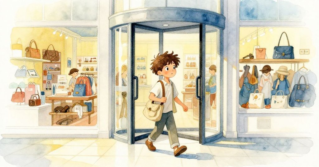 Julian 穿著休閒服，提著布袋，正自轉門走入百貨公司，背景呈現多樣化展示，臉上流露堅定與期待。