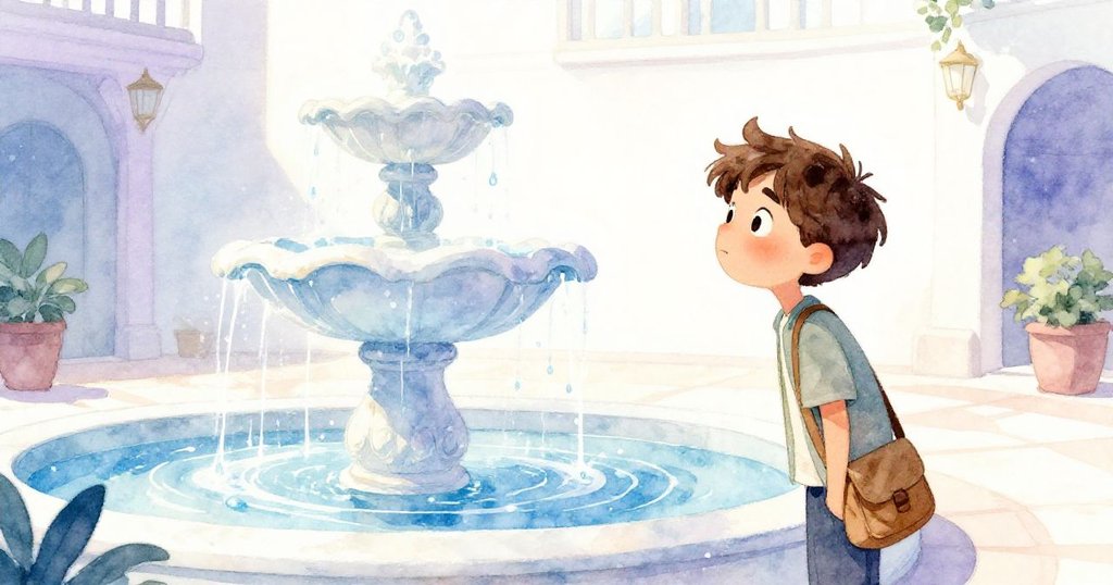 Julian 站在明亮中庭噴泉旁，凝望著閃亮水滴，充滿沈思與欣賞，透露出歷史與魅力氛圍。