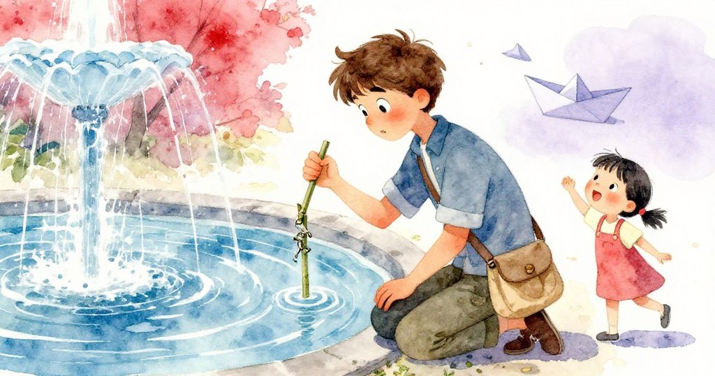 Julian 跪在噴泉旁，用竹枝試圖取回水中小鑰匙，同時孩童快樂地讓紙船順水飄過，兩個場景融為一體。