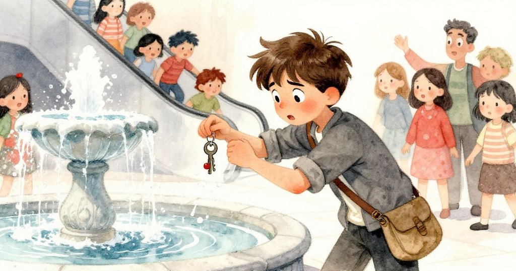 Julian 緊張操作竹枝取鑰匙，噴泉水花四濺，背景中隱約有群眾從扶梯疾步而來，氣氛緊繃。