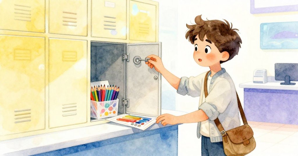 Julian 用鑰匙解鎖櫃子，展現出繽紛彩色鉛筆，與店員點頭致意，臉上滿是成功與希望的笑容。