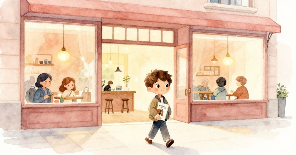 米洛攜帶外套目錄走向百貨公司,背景呈現溫暖咖啡館光影與電扶梯,臉上流露期待與好奇。