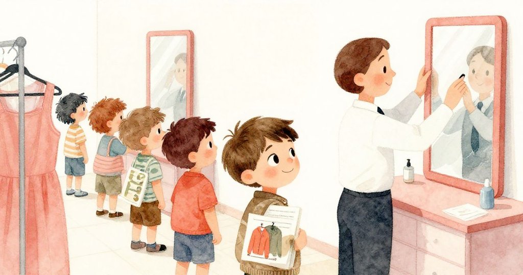 從背後角度看米洛排隊試衣,邊上櫃檯職員調整鏡子,狹小區域中眾人忙碌互動,表情兼具期待與焦急。