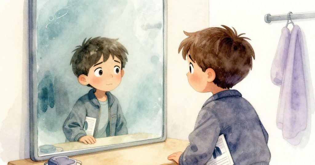 鏡中呈現米洛夢幻倒影,柔和光澤中帶點不安與期待,試衣間內景呈現透明水下般幽靜感。