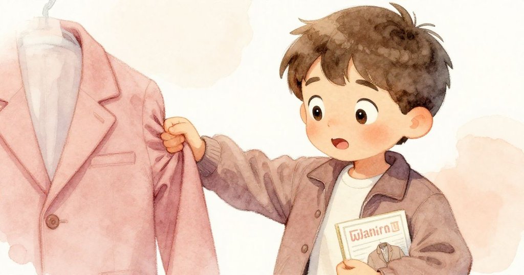 米洛面露驚訝與失落,同時伸手欲撫平西裝褶皺,特寫呈現精細布料與真實情緒,場景明亮柔和。