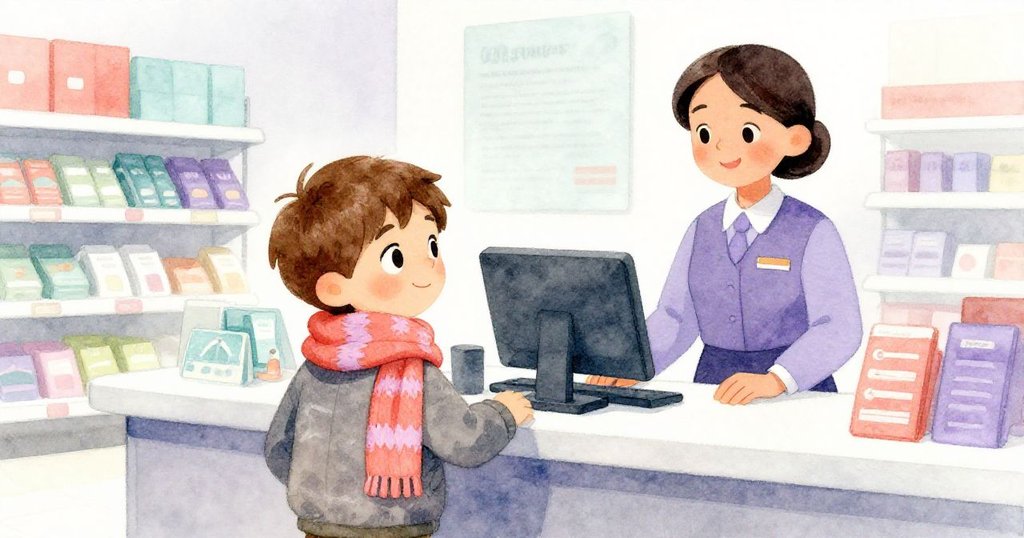 米洛走出擁擠區域,看見明亮羊毛圍巾,櫃檯員微笑折疊包裝,展現結局希望與新開始,心情平和。