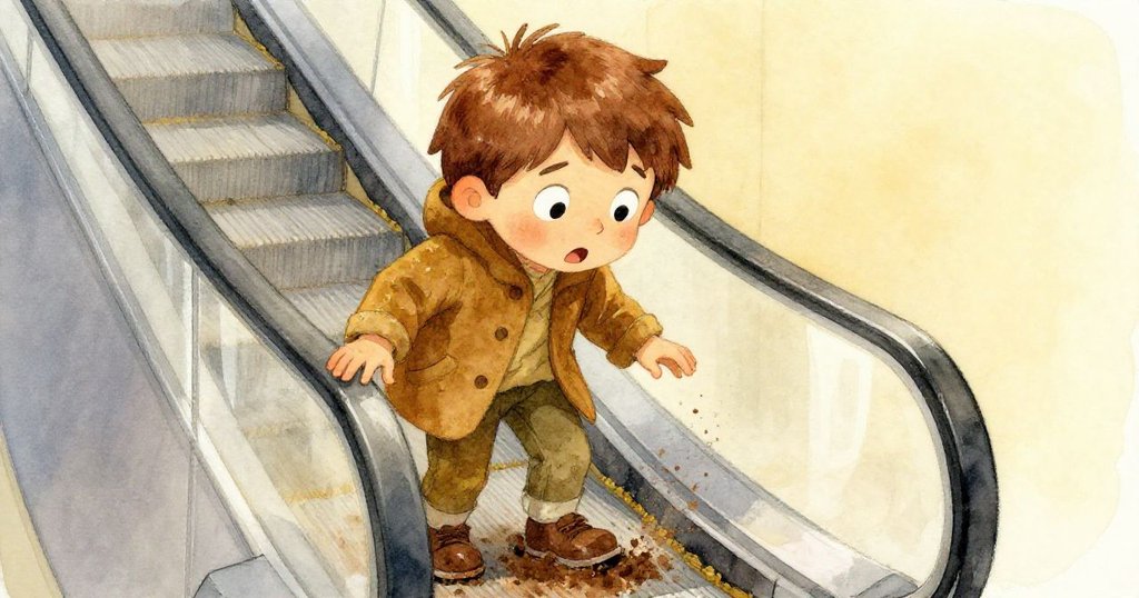 Leo 在電扶梯上驚訝凝視，鞋上灑著泥土，神情充滿意外與緊張，背景隱約顯示機械細節。