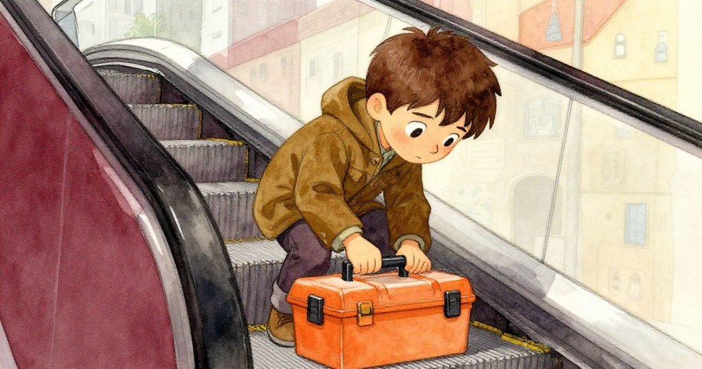 Leo 蹲在停滯的電扶梯上，目光堅定注視旁邊鮮橙色工具箱，場景呈現都市感與落土細節。