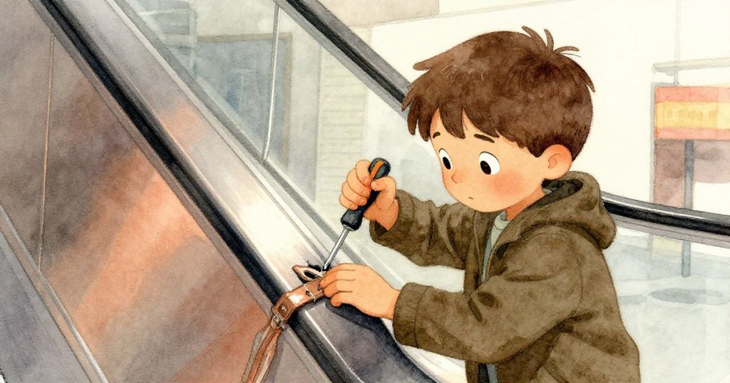 Leo 小心使用螺絲起子修補電扶梯側板鬆動傳動帶，專注手勢和技術細節突顯處理緊急狀況。