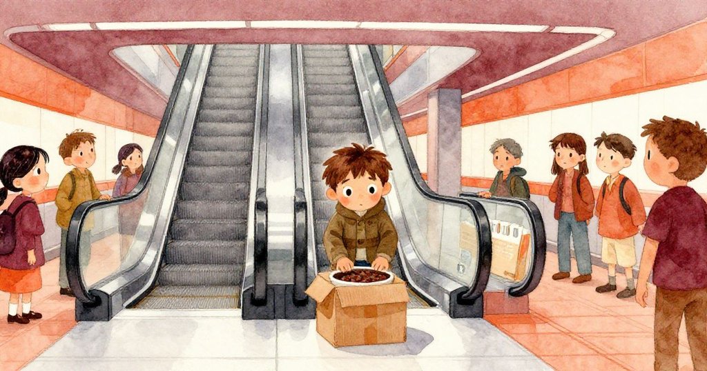 電扶梯頂部陽光下，人群寬慰聚集，落散的盆栽與紙箱重逢，呈現都市現代感與溫暖色調。