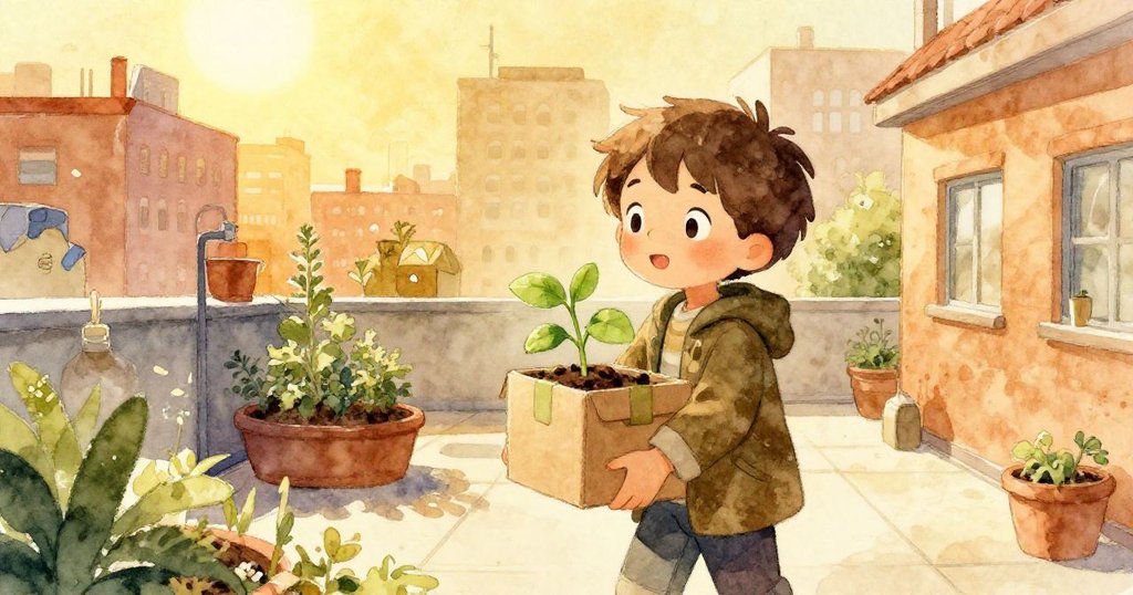 Leo 高興攜著盆栽與紙箱走向陽光普照的屋頂花園，步伐自信，象徵希望頌揚成功結局。