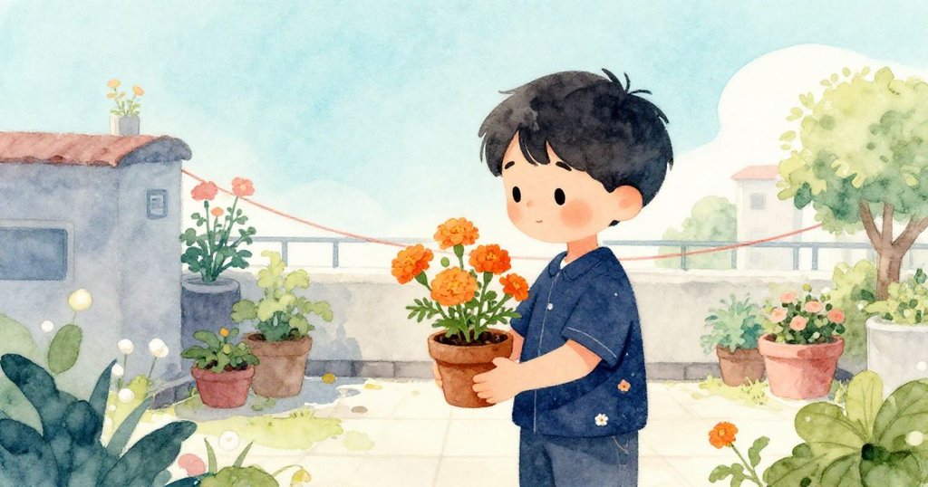 Leo站在屋頂花園中抱著金盞花盆，享受平靜早晨，背景溫暖，充滿期待與寧靜情緒