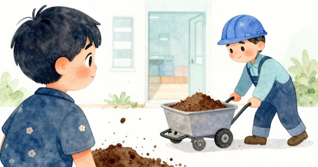 Leo從後方觀望掉落的泥土，建造工人默默推著推車出現，互助氛圍溫馨，背景現代化且和諧